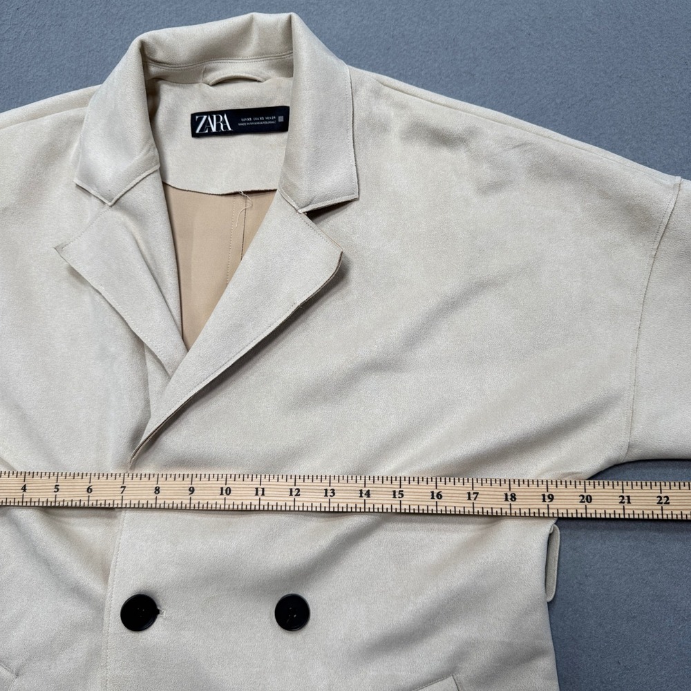Zara Trench Coat Womens XS Beige Double Breasted Faux Suede Longline Belted Chic - Picture 5 of 8